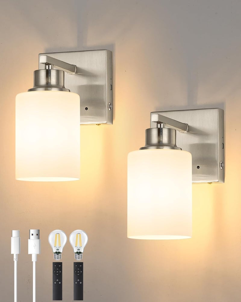Rayogale Wireless Wall Sconces, Nickel Battery Operated Wall Sconce Set of 2 with Timer Function, Easy Install Dimmable Rechargeable Wall Lamps for Living Room, Bedroom, Hallway, Entryway Decor 3000K - Image 1